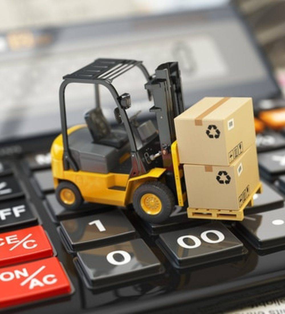 Forklift,With,Cardboxes,On,Calculator.,Calculation,Of,Shipping,Delivery,Costs